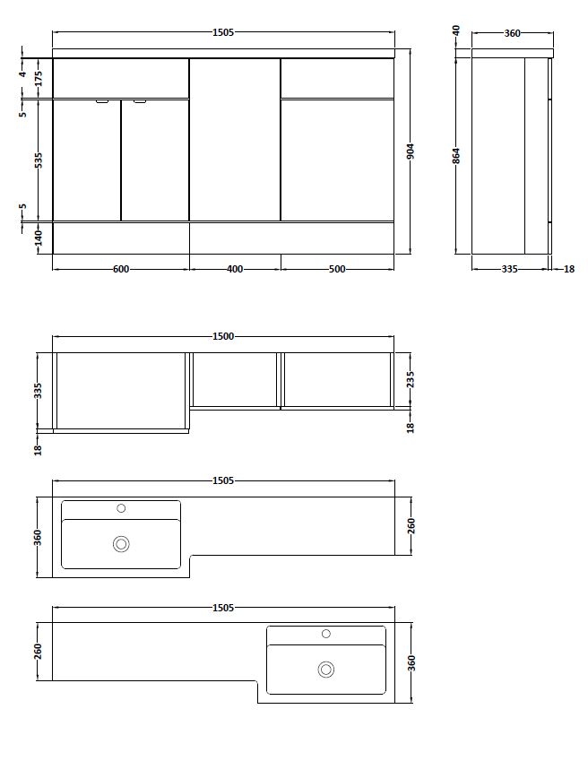 Hudson Reed Fusion RH 3-Doors Combination Unit with 500mm WC Unit 1500mm Wide - Brown Grey Avola - CBI516