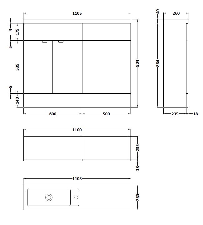 Hudson Reed Fusion 2-Doors Compact Combination Unit with Slimline Basin 1100mm Wide - Hacienda Black - CBI601