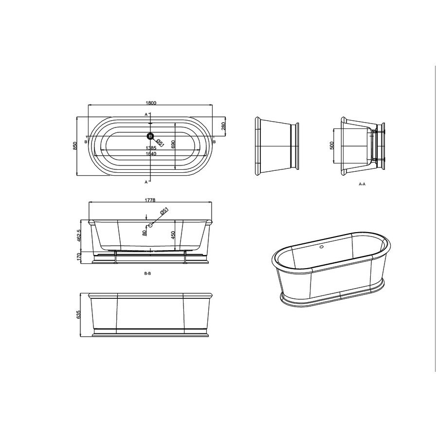 Burlington London 1800mm x 850mm Oval Freestanding Roll Top Bath Including Surround - E18 - 1800mmx635mmx850mm