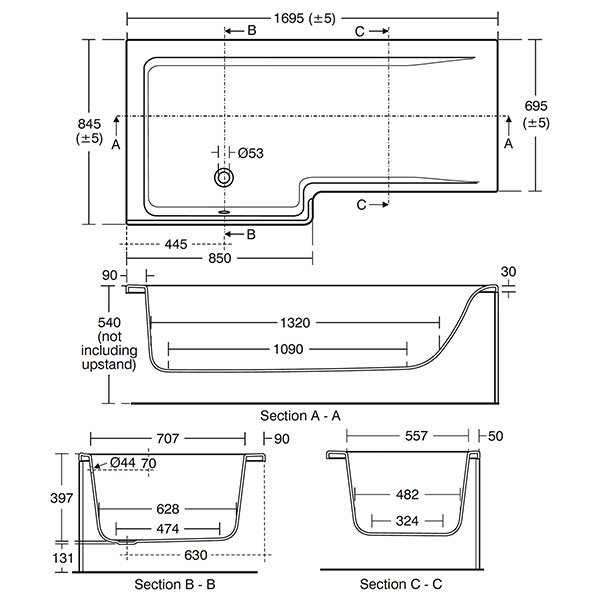 Ideal Standard Concept Idealform L-Shaped 1700mm X 700mm/850mm 0 Tap Hole Shower Bath Left Hand - E051201