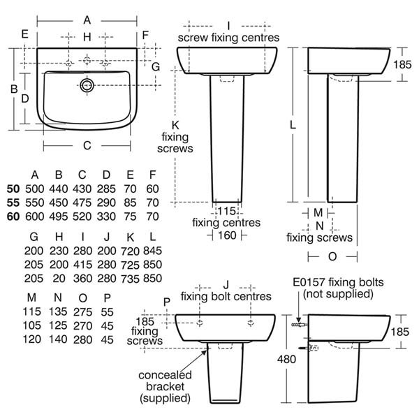 Ideal Standard Tempo 600mm Wide 1 Tap Hole Basin and Full Pedestal - T058401+T422401
