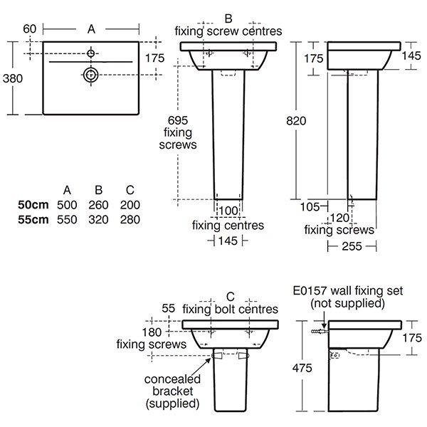 Ideal Standard Concept Space 500mm x 380mm 1 Tap Hole Basin and Semi Pedestal - E133601+E783901