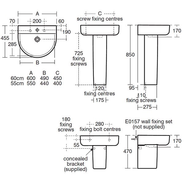 Ideal Standard Concept Arc 550mm Wide 1 Tap Hole Basin and Semi Pedestal - E785201+E783901