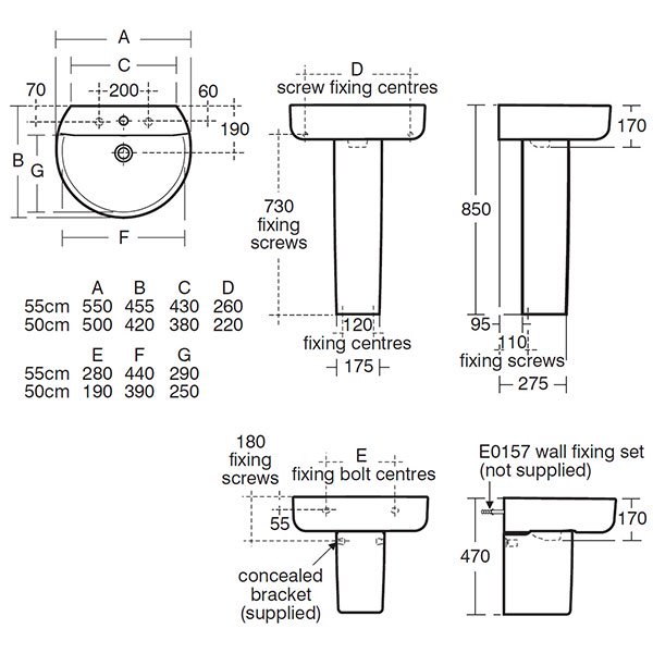 Ideal Standard Concept Sphere 550mm Wide 1 Tap Hole Basin and Semi Pedestal - E786201+E783901