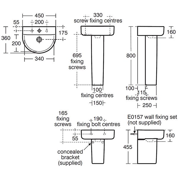 Ideal Standard Concept Arc 450mm Wide 1 Tap Hole Handrinse Basin and Semi Pedestal - E796601+E783801