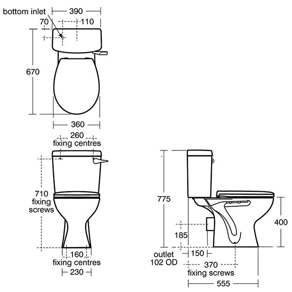 Armitage Shanks Close Coupled Sandringham 21 Toilet WC with Lever Cistern and Standard Seat - E896301+E896801+E131601 - 360mmx775mmx670mm