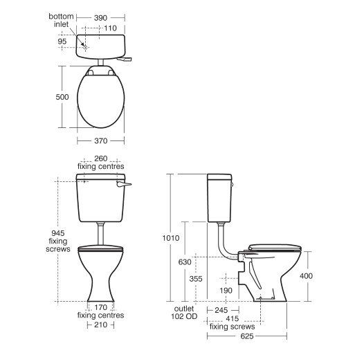 Armitage Shanks Low Level Sandringham 21 Toilet WC with Bottom Inlet Cistern - Standard Seat - E896901+S351001+S405501