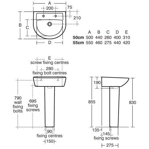 Armitage Shanks 500mm Wide 2 Tap Hole Sandringham 21 Basin & Full Pedestal - E894601+E897601