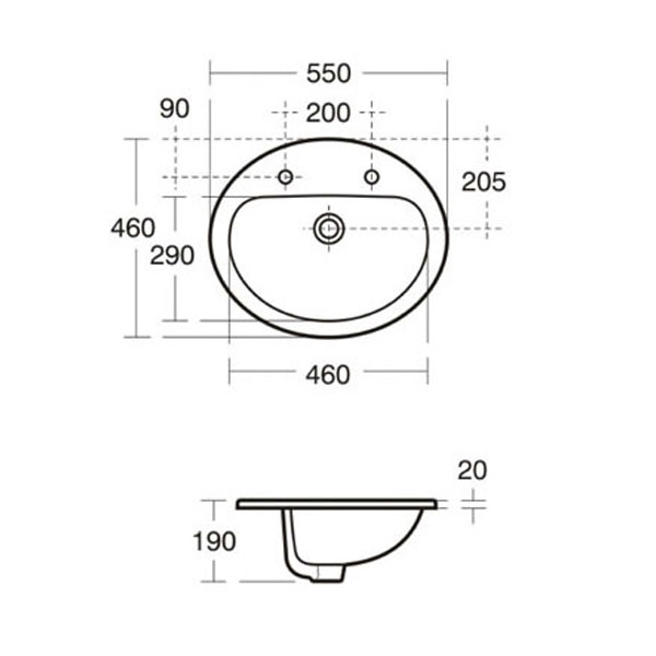 Armitage Shanks 550mm Wide 2 Tap Hole Orbit 21 Countertop Basin with Overflow - S248801