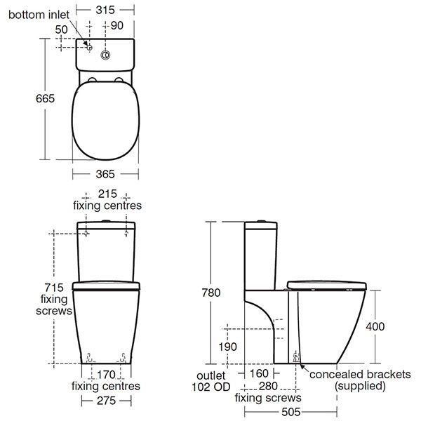Ideal Standard Close Coupled Push Button Cistern Concept Cube WC Toilet with Standard Seat White - E787101+E796901+E791801