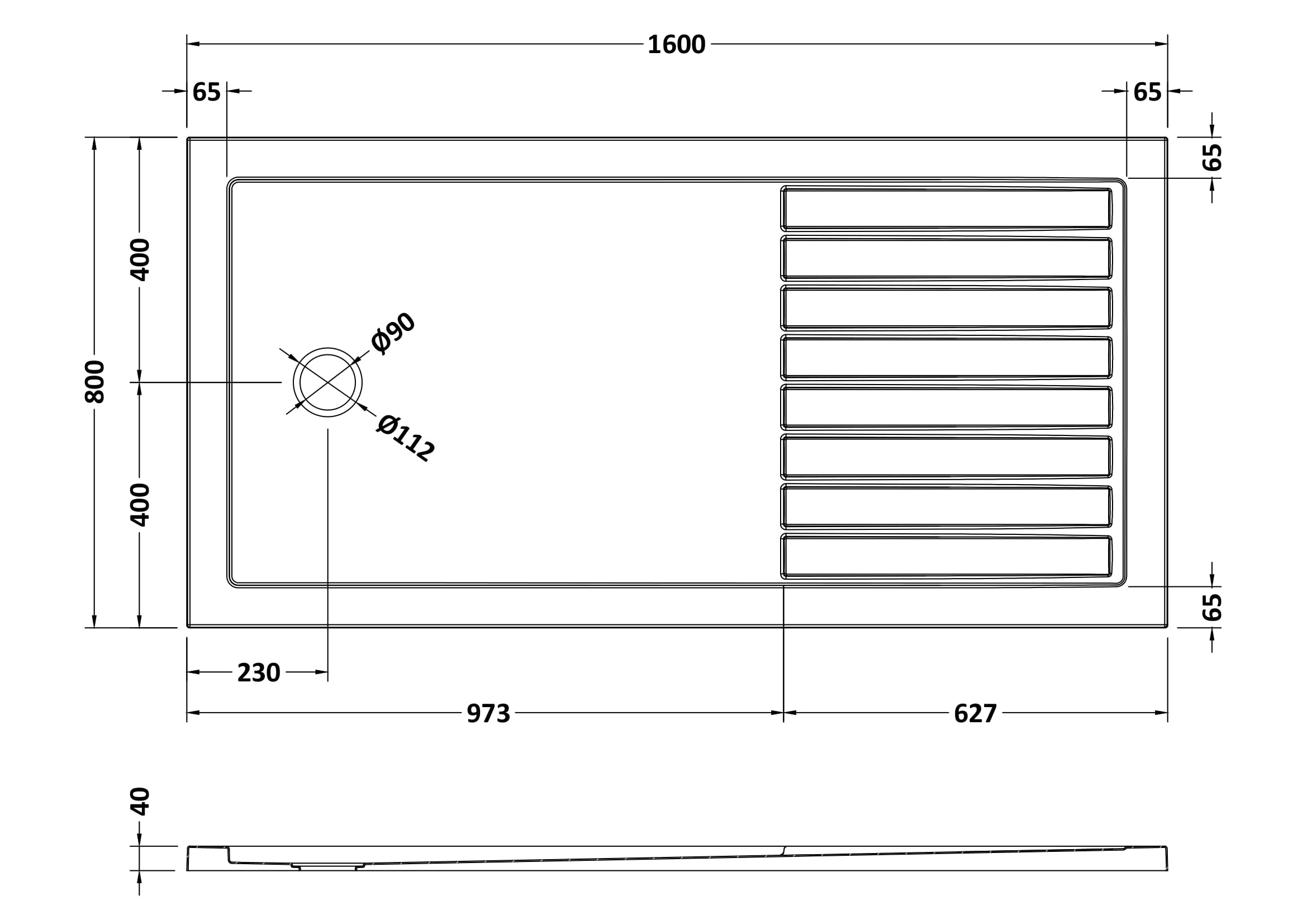 Nuie Walk-In Shower Rectangular Tray 1600mm x 800mm - White - NTP1680 - 800mmx40mmx40mm