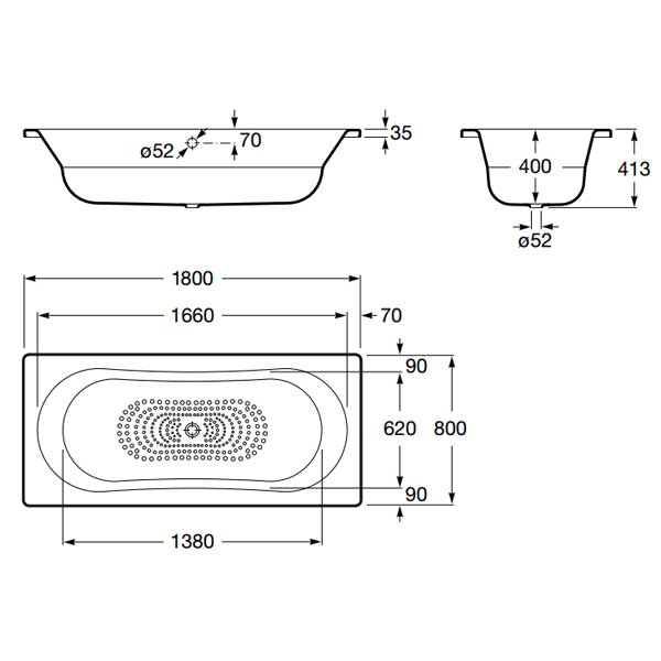 Roca Duo Plus Rectangular Steel Bath Includes Anti-slip base 1800mm x 800mm 0 Tap Hole - White - 221670000