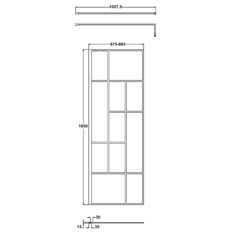 Hudson Reed Abstract Modern 8mm Glass Frame Wetroom Screen with Support Bar 700mm Wide - Clear - WRSFB070