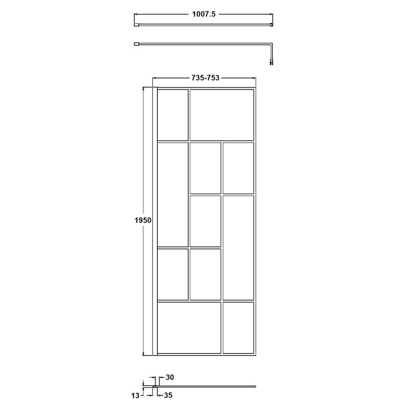 Hudson Reed Abstract 8mm Glass Frame Wetroom Screen with Support Bar 760mm Wide - Clear - WRSFB076