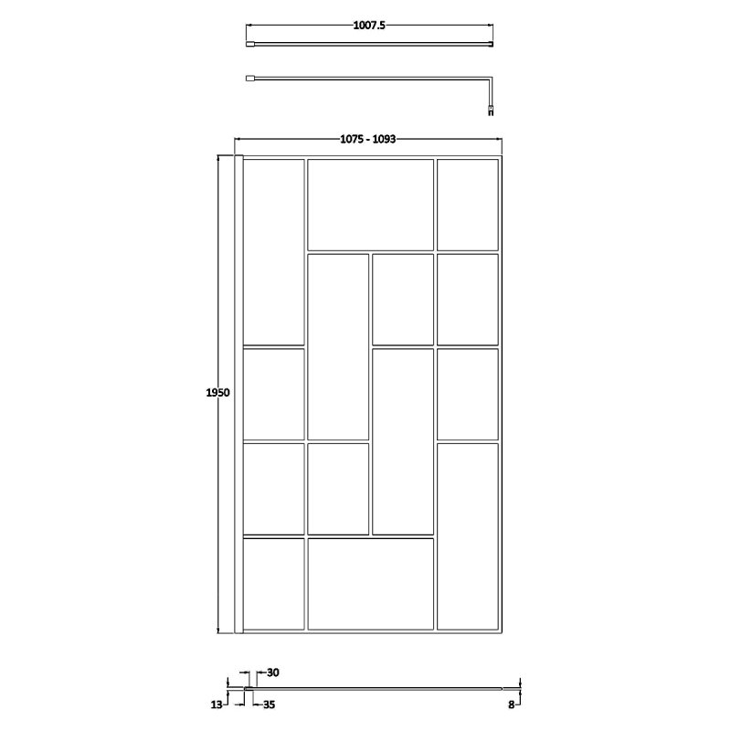 Hudson Reed Abstract Modern 8mm Glass Frame Wetroom Screen with Support Bar 1100mm Wide - Clear - WRSFB11