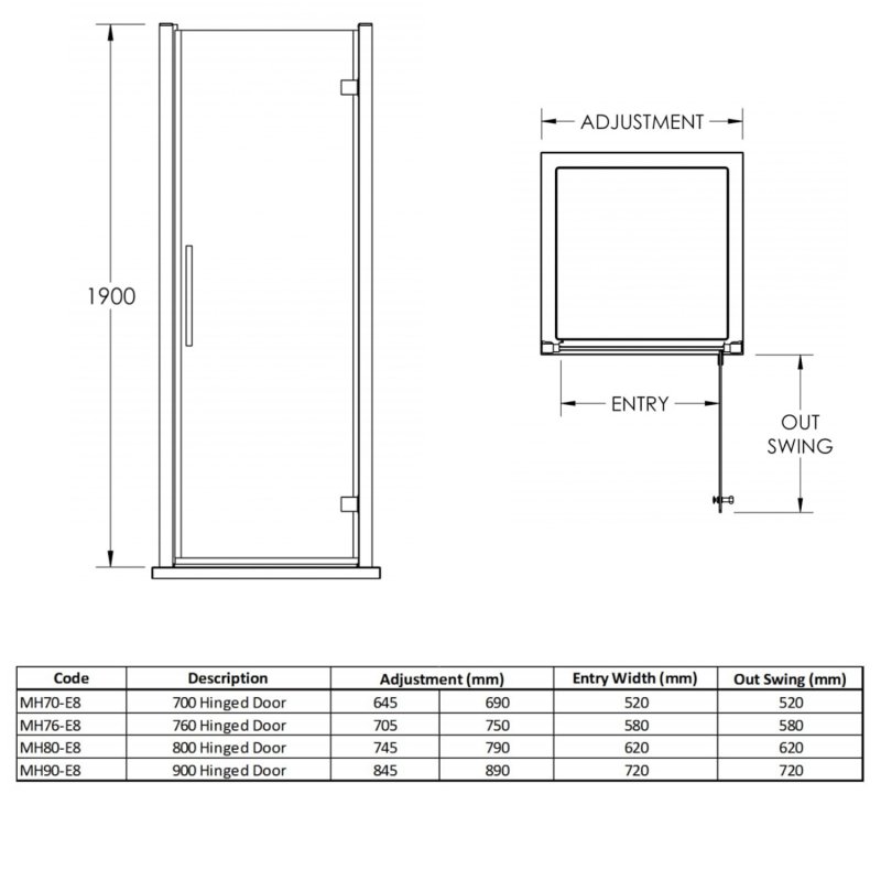 Hudson Reed Apex 8mm Glass Hinged Shower Door 700mm Wide - Polished Chrome- MH70-E8