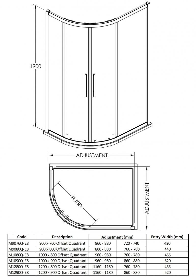 Hudson Reed Apex Round Handle 8mm Glass Offset Quadrant Shower Enclosure 900mm x 800mm - Clear - M9080QH4