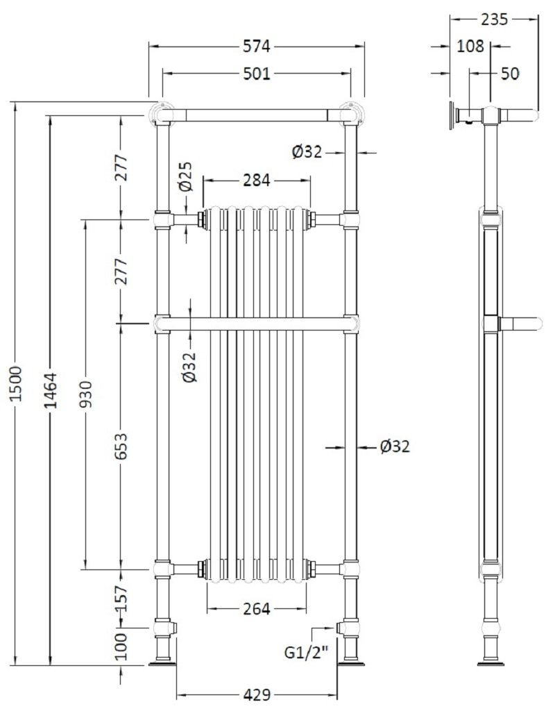 Hudson Reed Brampton Central Heating Radiator Heated Towel Rail 1500mm High x 575mm Wide - White/Chrome - LDR008 - 575mmx1500mmx235mm