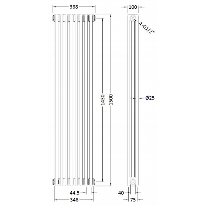 Hudson Reed Colosseum Traditional 3-Column Vertical Radiator 1500mm High x 368mm Wide - White - HX309