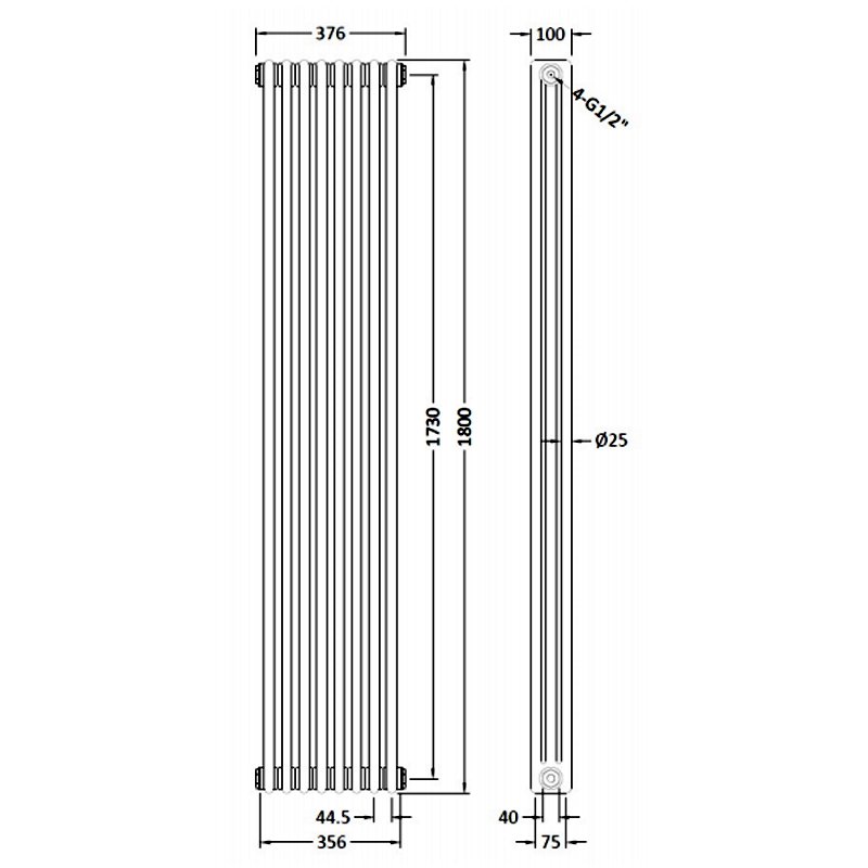 Hudson Reed Colosseum Traditional 3-Column Vertical Radiator 1800mm High x 376mm Wide - White - HX312 - 376mmx1800mmx100mm