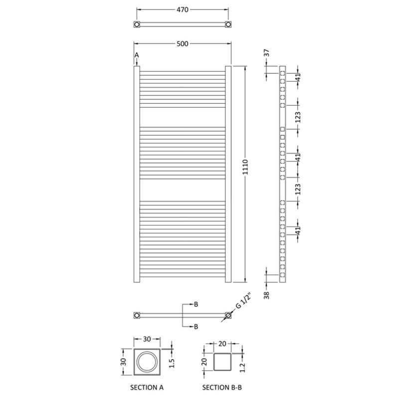 Hudson Reed Eton Wall Mounted Electric Heated Towel Rail 1100mm High x 500mm Wide - Anthracite - HL153