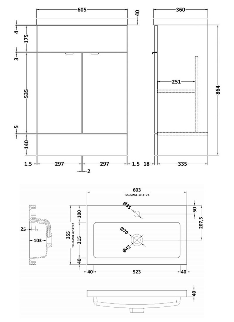 Hudson Reed Fusion Modern Floor Standing Vanity Unit with Rectangular Basin 600mm Wide - Gloss Grey - CBI907 - 600mmx904mmx353mm