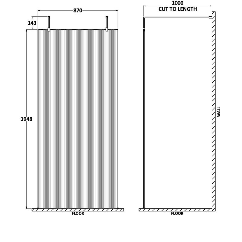 Hudson Reed Fluted Wet Room Screen with Support Arm and Feet 1000mm Wide - 8mm Glass - Clear - WRAF19510
