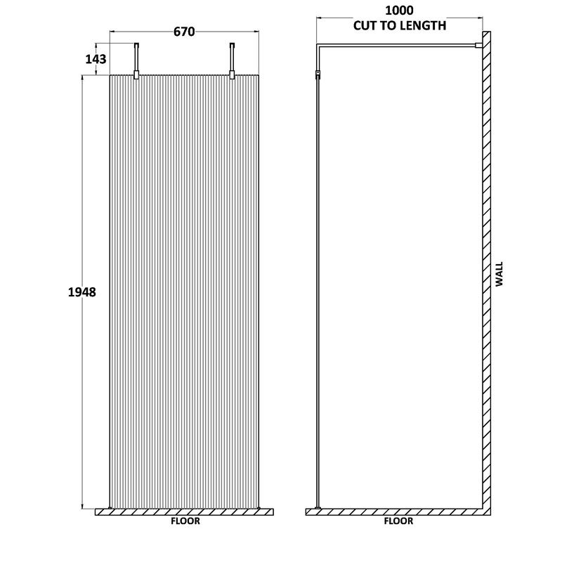 Hudson Reed Fluted Wet Room Screen with Support Arm and Feet 800mm Wide - 8mm Glass - Clear - WRAF19580