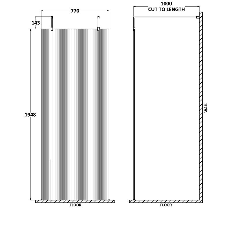 Hudson Reed Fluted Wet Room Screen with Support Arm and Feet 900mm Wide - 8mm Glass - Matt Black - WRAF19590BP