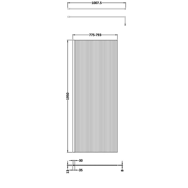 Hudson Reed Fluted Profile Wet Room Screen with Support Bar 800mm Wide - 8mm Glass - Polished Chrome - WRFL19580