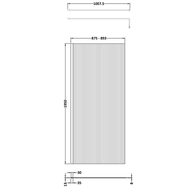 Hudson Reed Fluted Profile Wet Room Screen with Support Bar 900mm Wide - 8mm Glass - Polished Chrome - WRFL19590