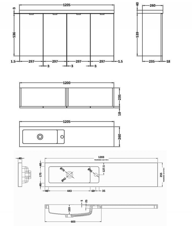Hudson Reed Fusion Modern Wall Hung 4-Door Vanity Unit with Compact Basin 1200mm Wide - Hacienda Black - CBI635