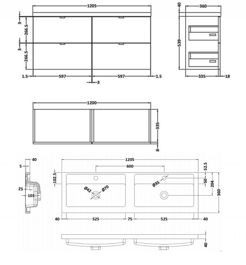 Hudson Reed Fusion 4-Drawer Wall Hung Vanity Unit with Rectangular Double Basin 1200mm Wide - Hacienda black - CBI632