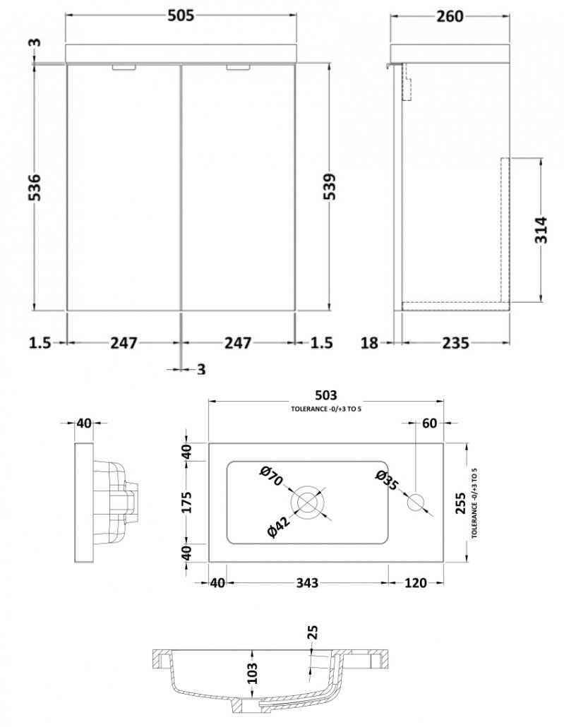 Hudson Reed Fusion 2-Door Wall Hung Vanity Unit with Compact Basin 500mm Wide - Gloss Grey - CBI938