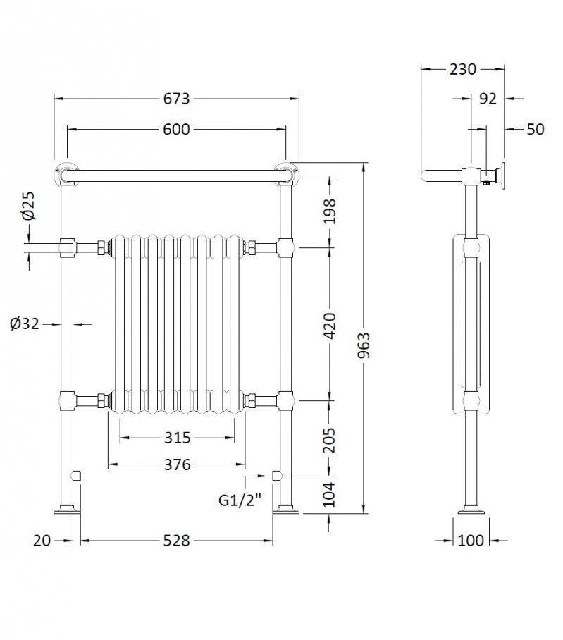 Hudson Reed Harrow 965mm High x 673mm Wide Heated Radiator Towel Rail - Chrome - MTY022 - 673mmx965mmx230mm