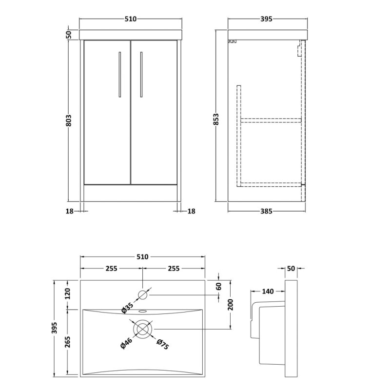 Hudson Reed Juno Floor Standing 2-Door Vanity Unit with Basin 3 500mm Wide - Graphite Grey - JNU2201D