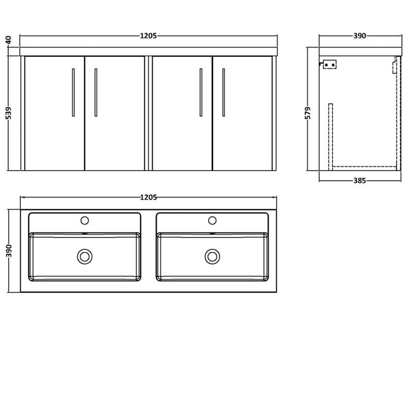 Hudson Reed Juno Wall Hung 4-Door Vanity Unit with Double Polymarble Basin 1200mm Wide - Graphite Grey - JNU2223C