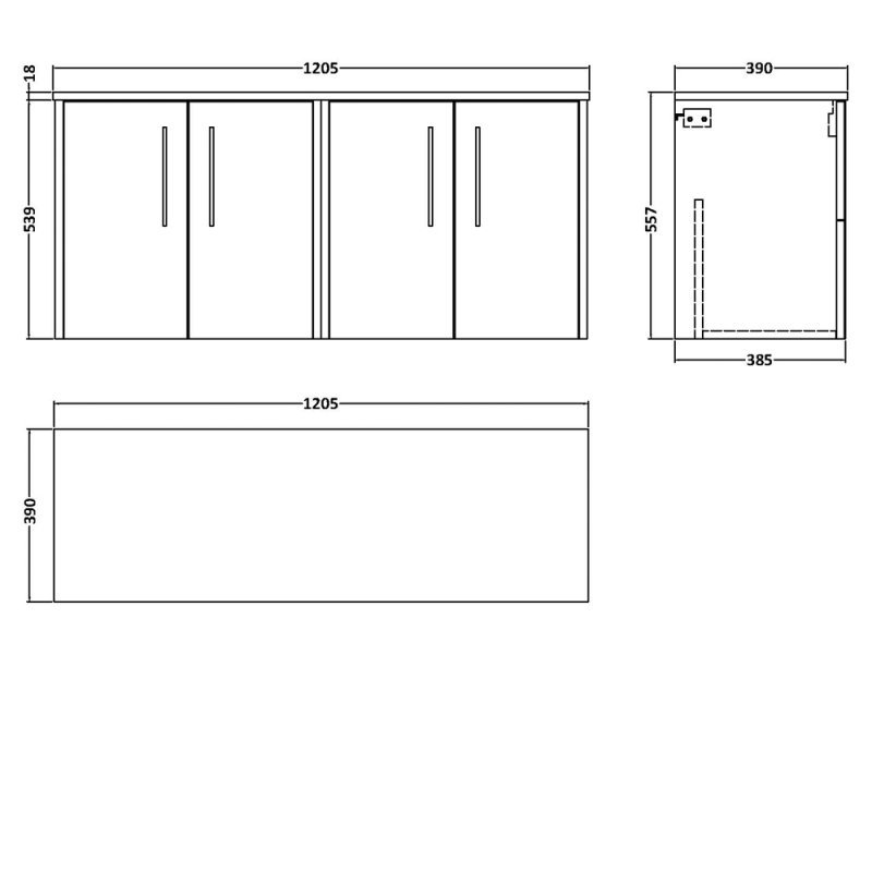 Hudson Reed Juno Wall Hung 4-Door Vanity Unit with Worktop 1200mm Wide - Graphite Grey - JNU2223W2 - 1200mmx557mmx385mm