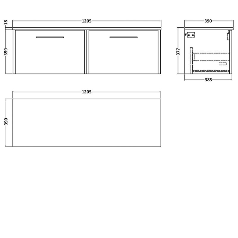 Hudson Reed Juno Wall Hung 2-Drawer Vanity Unit with Worktop 1200mm Wide - Graphite Grey - JNU2222W2