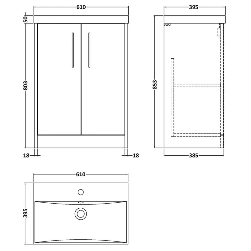Hudson Reed Juno Floor Standing 2-Door Vanity Unit with Basin 3 600mm Wide - Graphite Grey - JNU2203D - 600mmx853mmx385mm