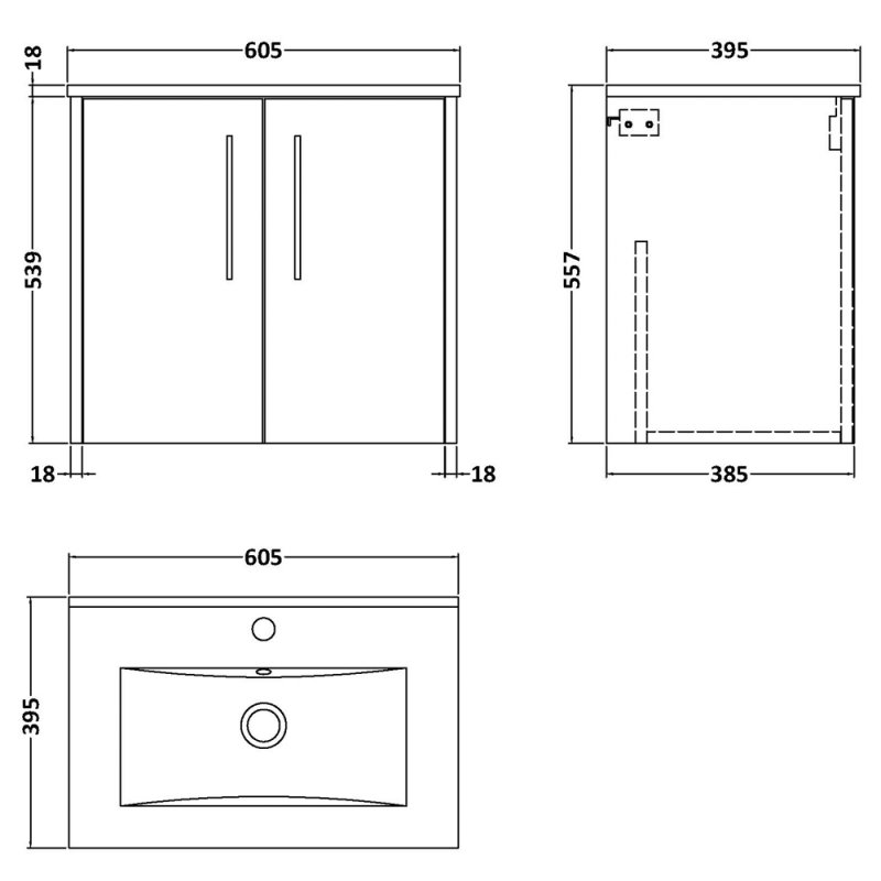 Hudson Reed Juno Wall Hung 2-Door Vanity Unit with Basin 2 600mm Wide - Graphite Grey - JNU2223B