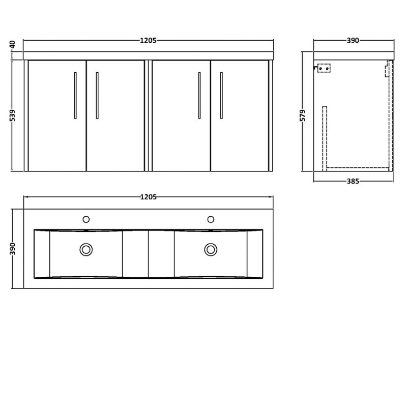 Hudson Reed Juno Wall Hung 4-Door Vanity Unit with Double Ceramic Basin 1200mm Wide - Graphite Grey - JNU2223F