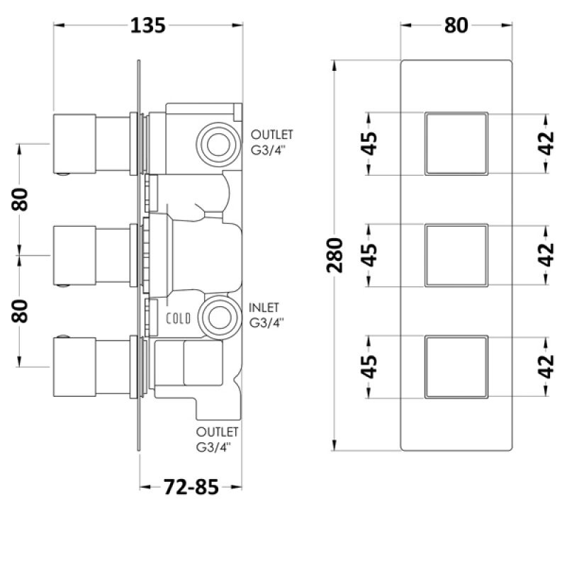 Hudson Reed Square Triple Handle Concealed Shower Valve with Diverter - Chrome - SQRTR03 - 80mmx280mmx72-85mm