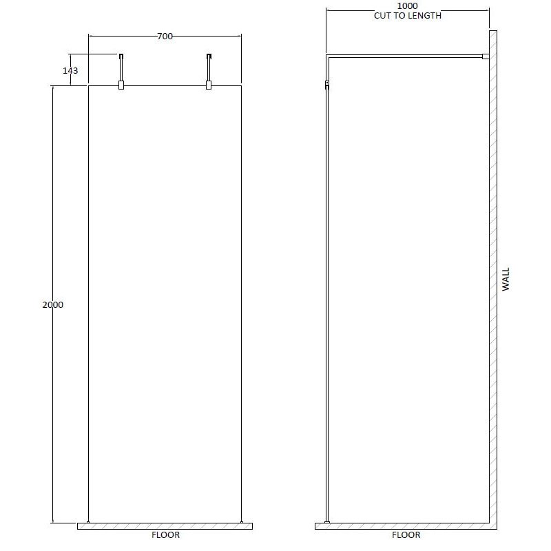 Hudson Reed Brass Support Arms and Feet 8mm Glass Wet Room Screen 700mm Wide - Clear - BBPAF070