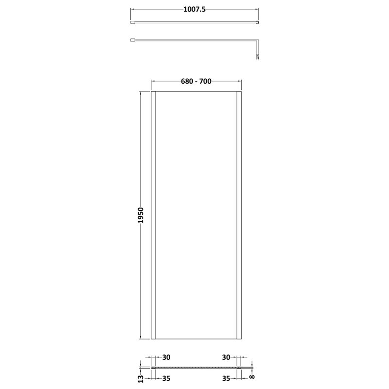 Hudson Reed Outer Framed Brushed Brass 8mm Glass Wetroom Screen with Support Bar 700mm Wide x 1950mm High - Clear - WRSOBB70