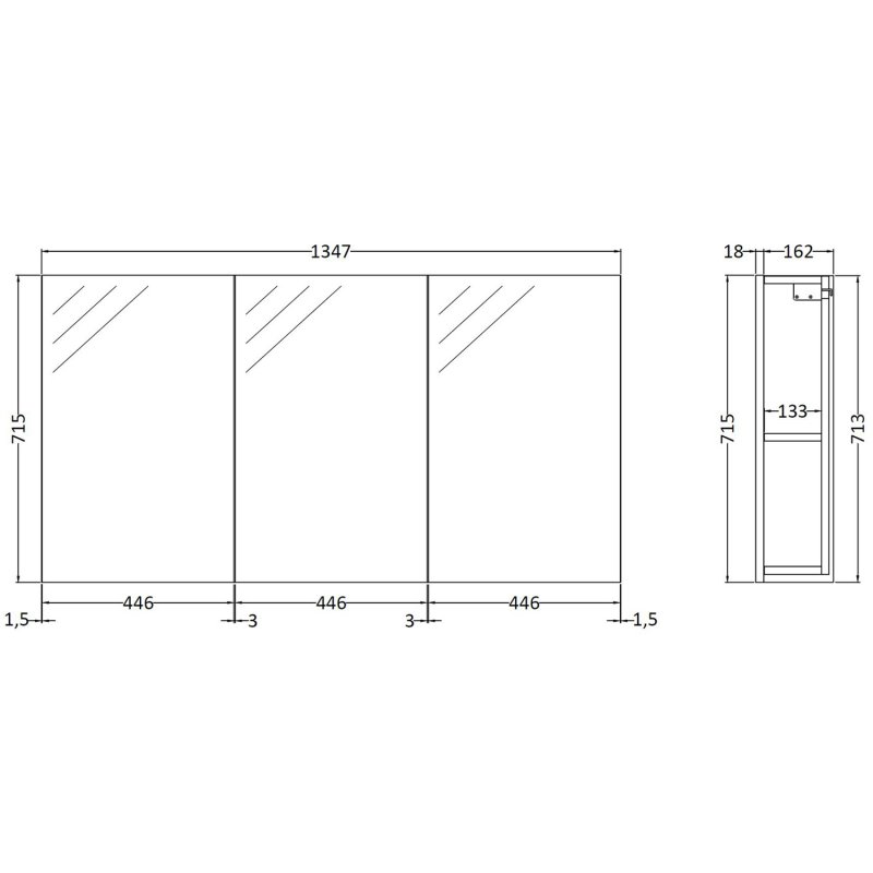 Hudson Reed Quartet Wall Mounted 3 Door Mirrored Cabinet 1350mm Wide - Gloss White - QUA009 - 1347mmx715mmx180mm