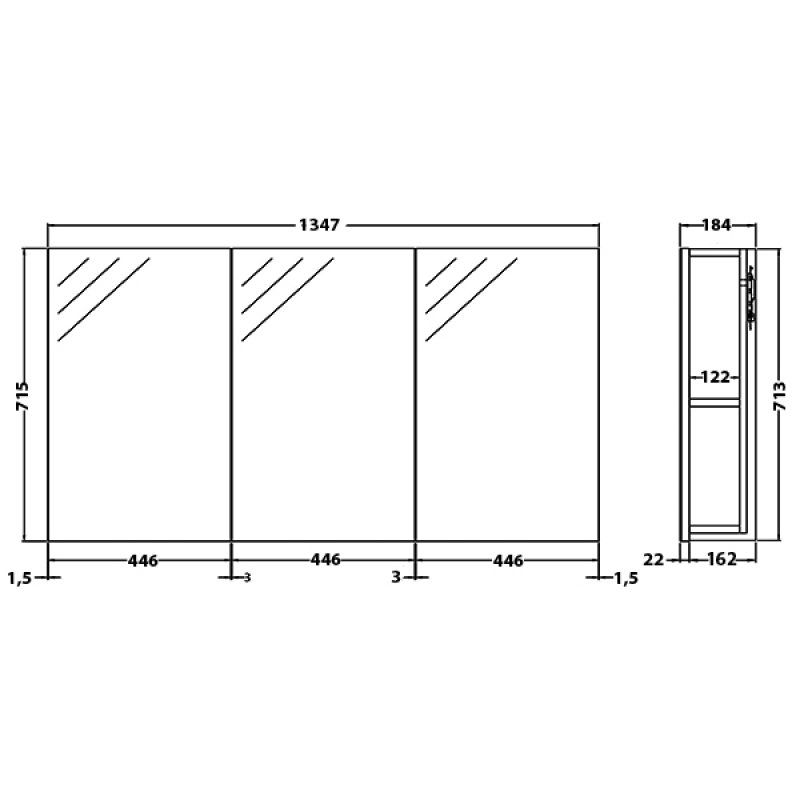Hudson Reed Quartet Wall Mounted 3 Door Mirrored Cabinet 1350mm Wide - Gloss Grey - QUA010 - 1347mmx715mmx184mm