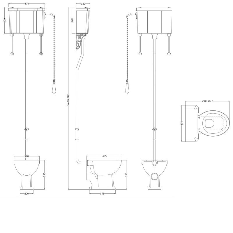 Hudson Reed Richmond High Level Toilet with Flush Pipe Kit and Pull Chain Cistern - Excluding Seat - White - CCR023 - 370mmx2448mmx495mm