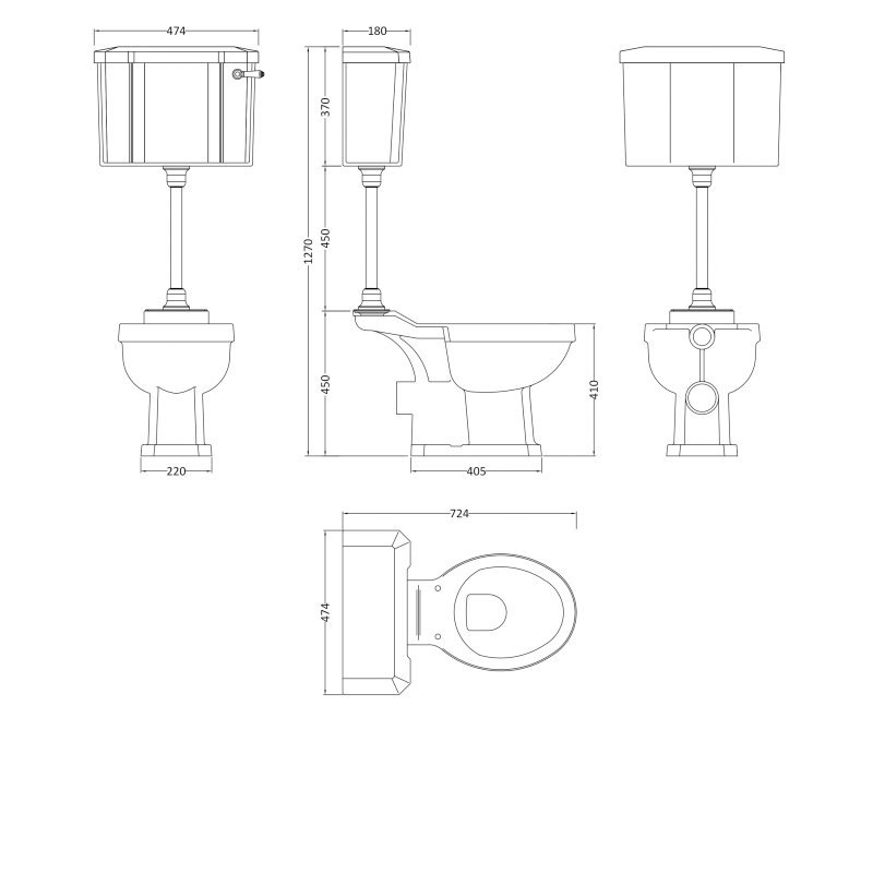 Hudson Reed Richmond Mid Level Toilet Excluding Seat with Lever Cistern and Flush Pipe Kit - White - CCR036 - 474mmx1270mmx724mm