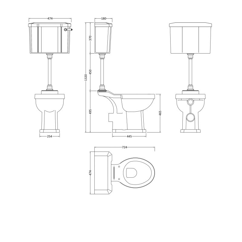Hudson Reed Richmond Comfort Mid Level Close Coupled Toilet Excluding Seat with Cistern and Flush Pipe Kit - White - CCR037 - 1320mmx724mm